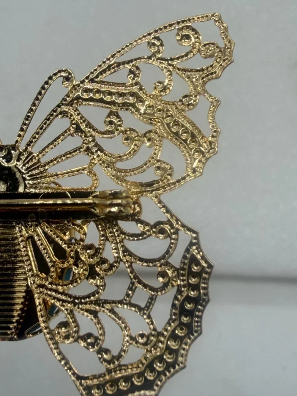 Vintage Gold Tone Filigree Butterfly Brooch Pin with Turquoise Colored Center